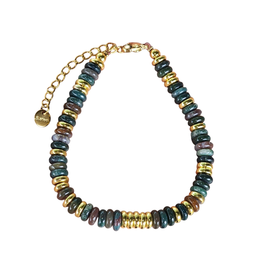 Moss Agate Boho Bracelet Handmade Gold Beaded Jewelry